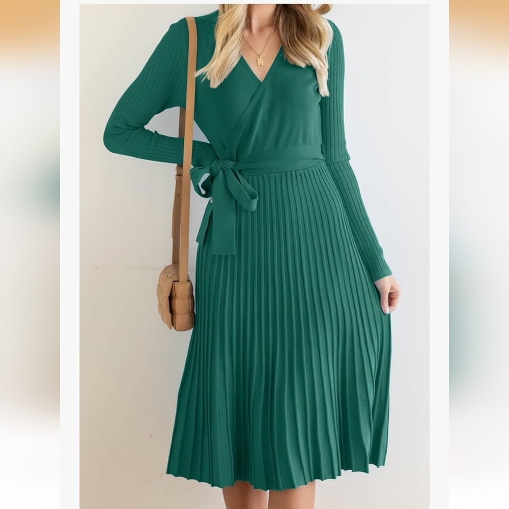 Long sleeve V Neck Ribbed Knit Pleated A Line Pullover Sweaterdress with Belt.